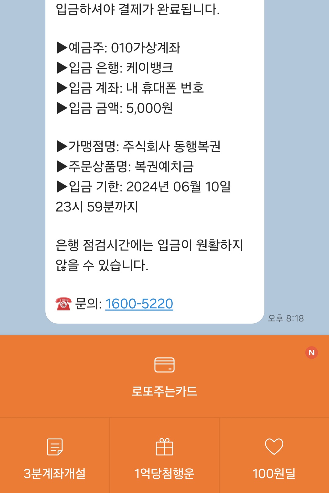 동행복권 예치금 충전 안내 메세지