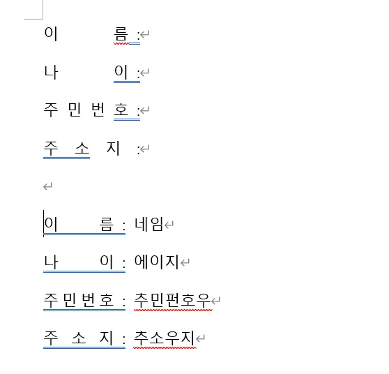 워드에서 균등 분할을 성공적으로 한 모습