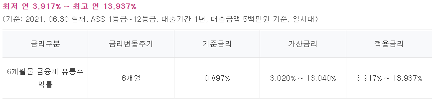 핀크생활비대출 대출 금리