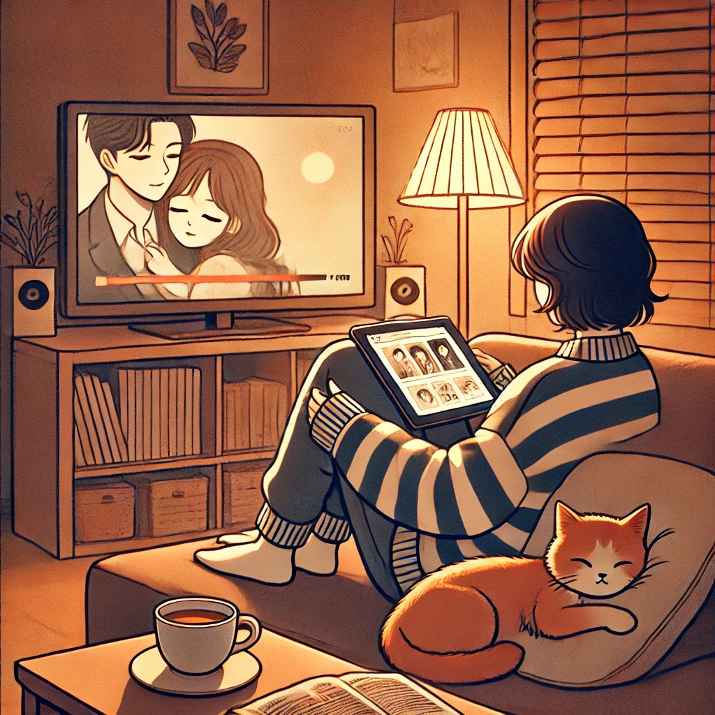 편안한 거실에서 소파에 앉아 태블릿으로 웹툰을 보고 있는 사람과, 배경에 힐링 드라마가 재생되는 TV가 있는 장면. 방 안에는 부드러운 조명과 따뜻한 분위기가 조성되어 있으며, 테이블 위에는 차 한 잔이 놓여 있고, 고양이가 옆에서 편안히 누워 있다. 힐링과 위안을 주는 콘텐츠의 느낌을 담은 장면