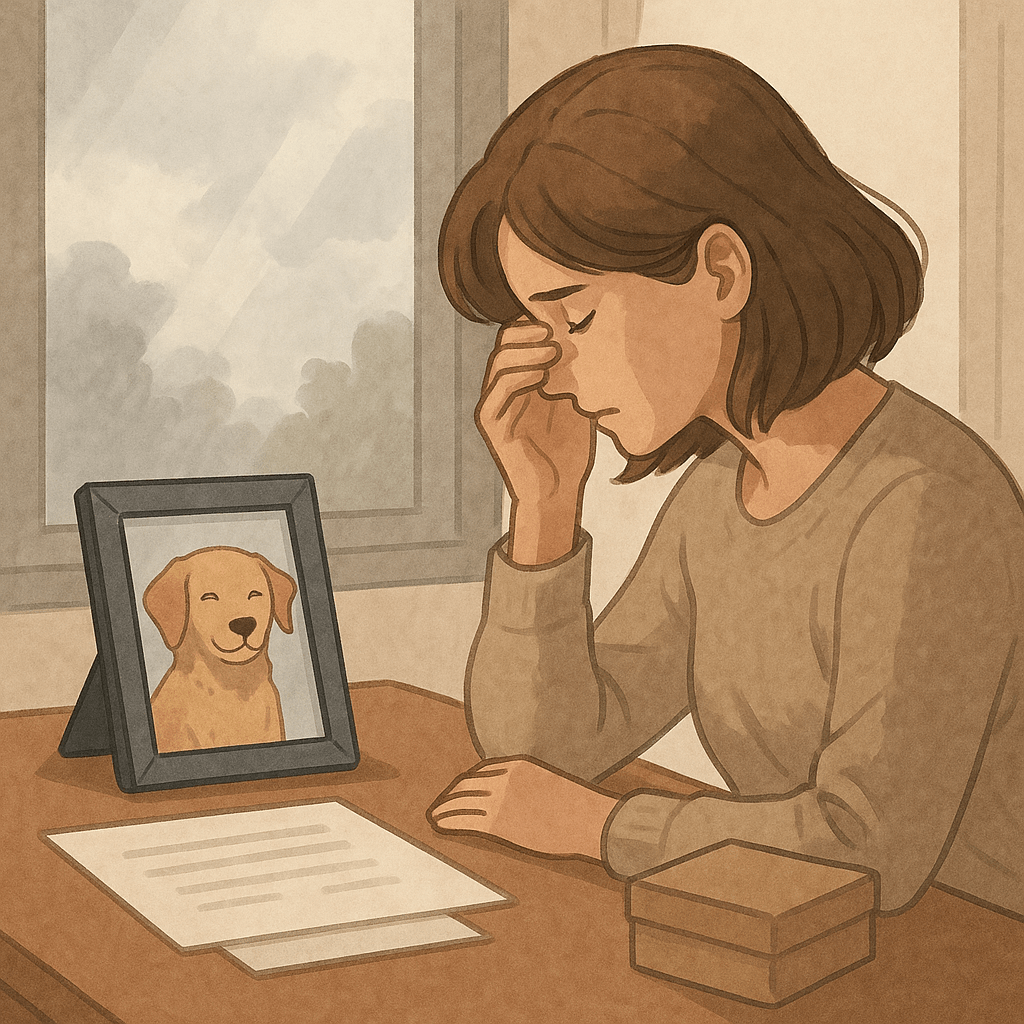 실내 공간에서 반려동물의 사진이 놓인 테이블을 바라보는 보호자의 옆모습을 담은 일러스트. 흐린 햇빛이 창을 통해 들어오고, 책상 위에는 장례 지원 서류로 보이는 봉투와 문서가 놓여 있으며, 전체적으로 차분하고 절제된 감성이 느껴지는 장면.