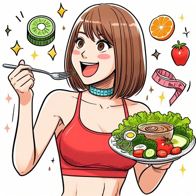 A-cartoon-image-that-depicts-a-woman-who-is-eating-diet-food.