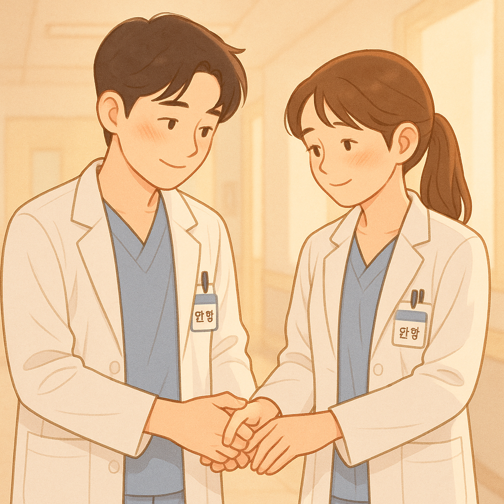 병원 복도에서 손을 잡은 오이영과 구도원을 그린 드라마 언젠가는 슬기로울 전공의생활 장면 일러스트