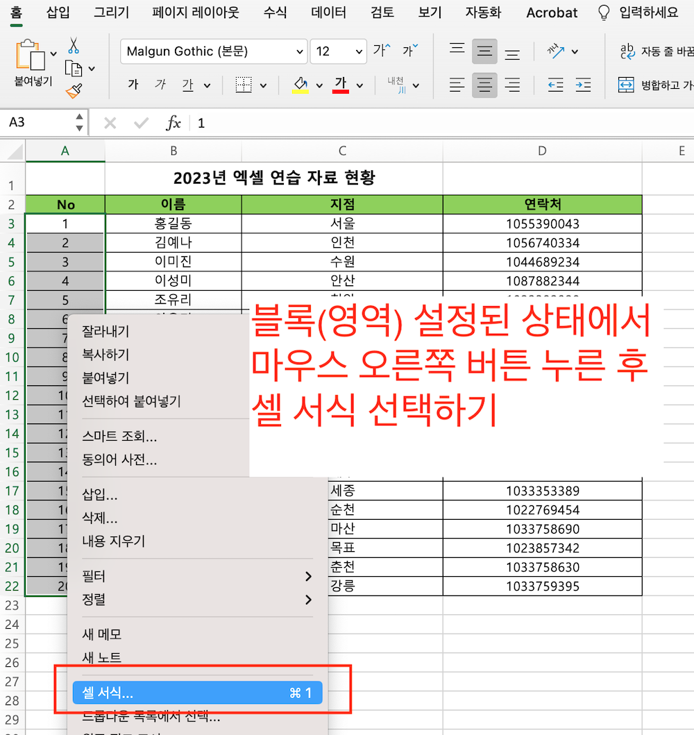 셀 형식 선택