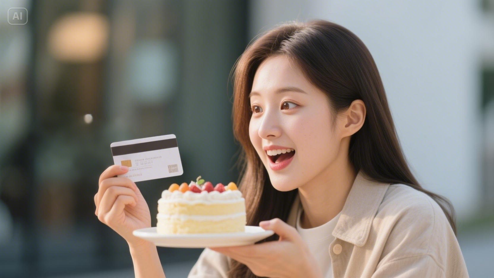 케이크와 커피 기프트카드를 선물받는 모습