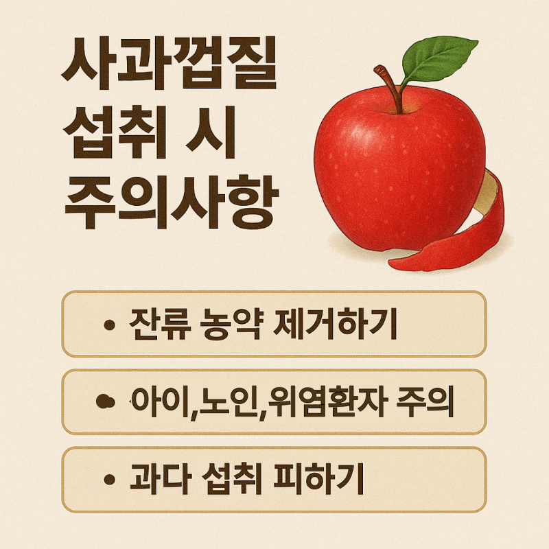 사과껍질 섭취 시 주의사항 인포그래픽 – 농약 제거, 생으로 섭취, 과다 섭취 피하기