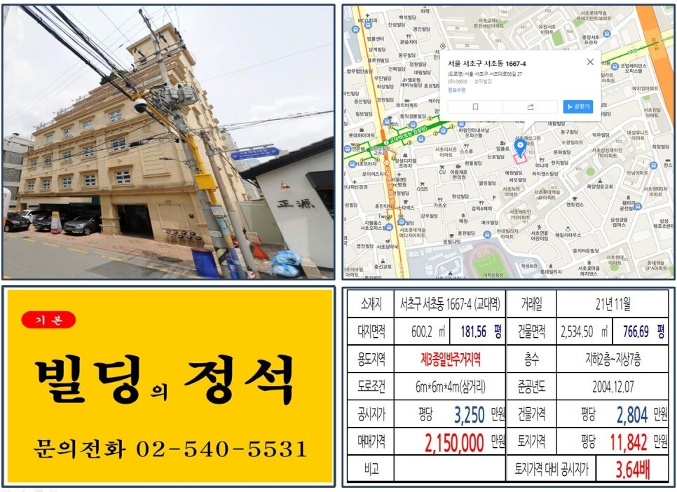  [서초구 서초대로 200억 빌딩 실거래가 조회] 서초동 1667-4 (교대역) 215억 원, 평당 1억 1,842만 원 매매되었습니다.