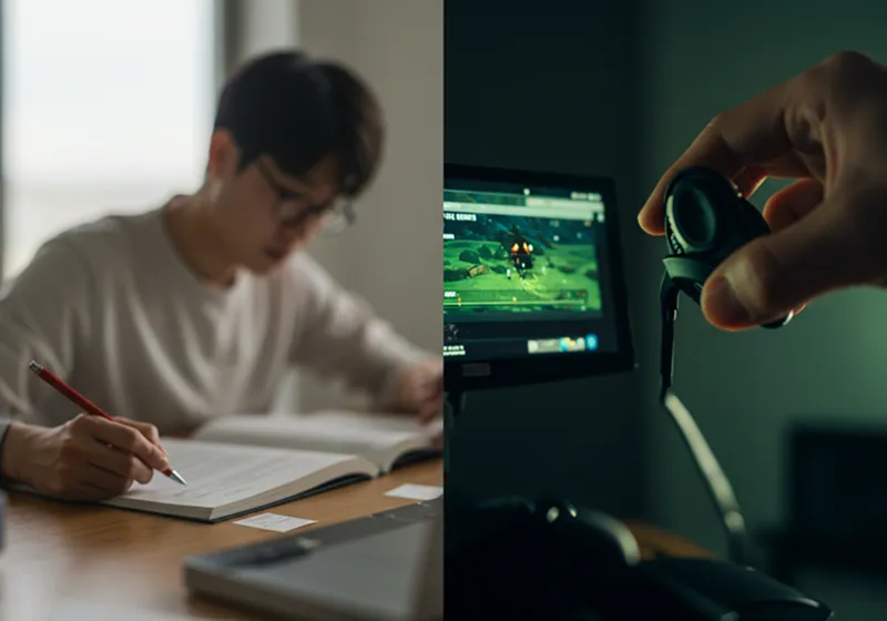 한쪽에는 흐릿하게 초점이 맞지 않는 풍경이, 다른 한쪽에는 매우 선명하게 확대된 게임 화면이 나란히 보이는 분할된 이미지. ADHD의 집중력 스펙트럼을 시각적으로 표현.