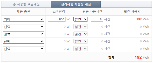 전기사용량 계산표