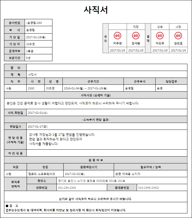 사직서 양식