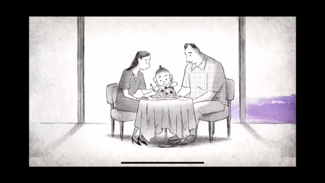 한때 이 가족은 엄마, 아빠, 아이가 행복하게 지냈다는 것을 보여주는 컷입니다