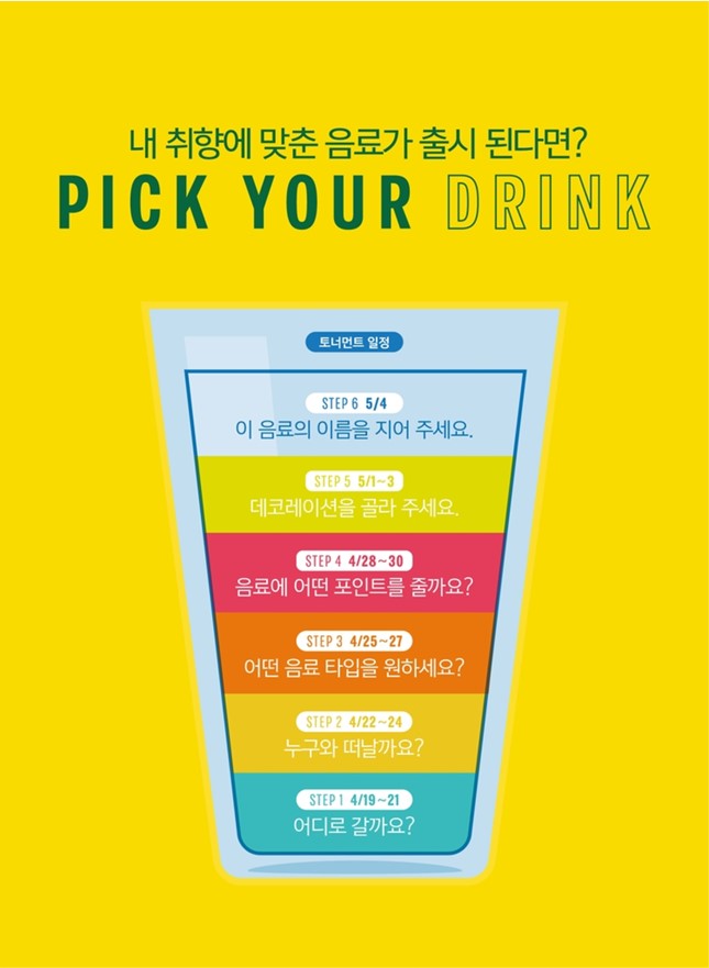  스타벅스 고객 음료 개발 참여 6월 출시, 픽유어드링크, 파인드유어테이스트, 좋아하는걸좋아해, 레시피 토너먼트와 음료 네이밍 공모.