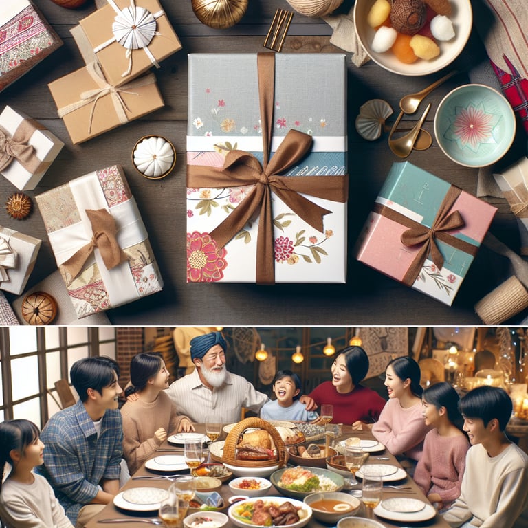 온가족이 모인 추석에 선물이 가득하고 웃음으로 가득찬 명절을 맞이하는 행복한 가족공동체