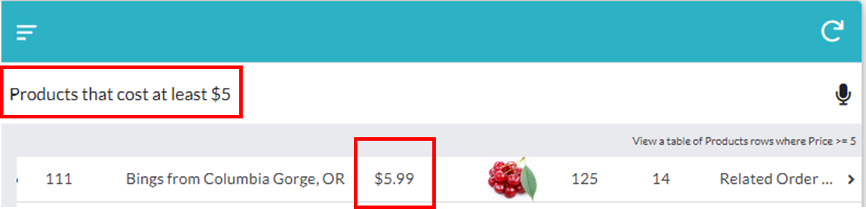 Smart Assistat 를 작동하여 "Products that cost at least $5" 검색 결과 (5달러 이상 가격 필터링)