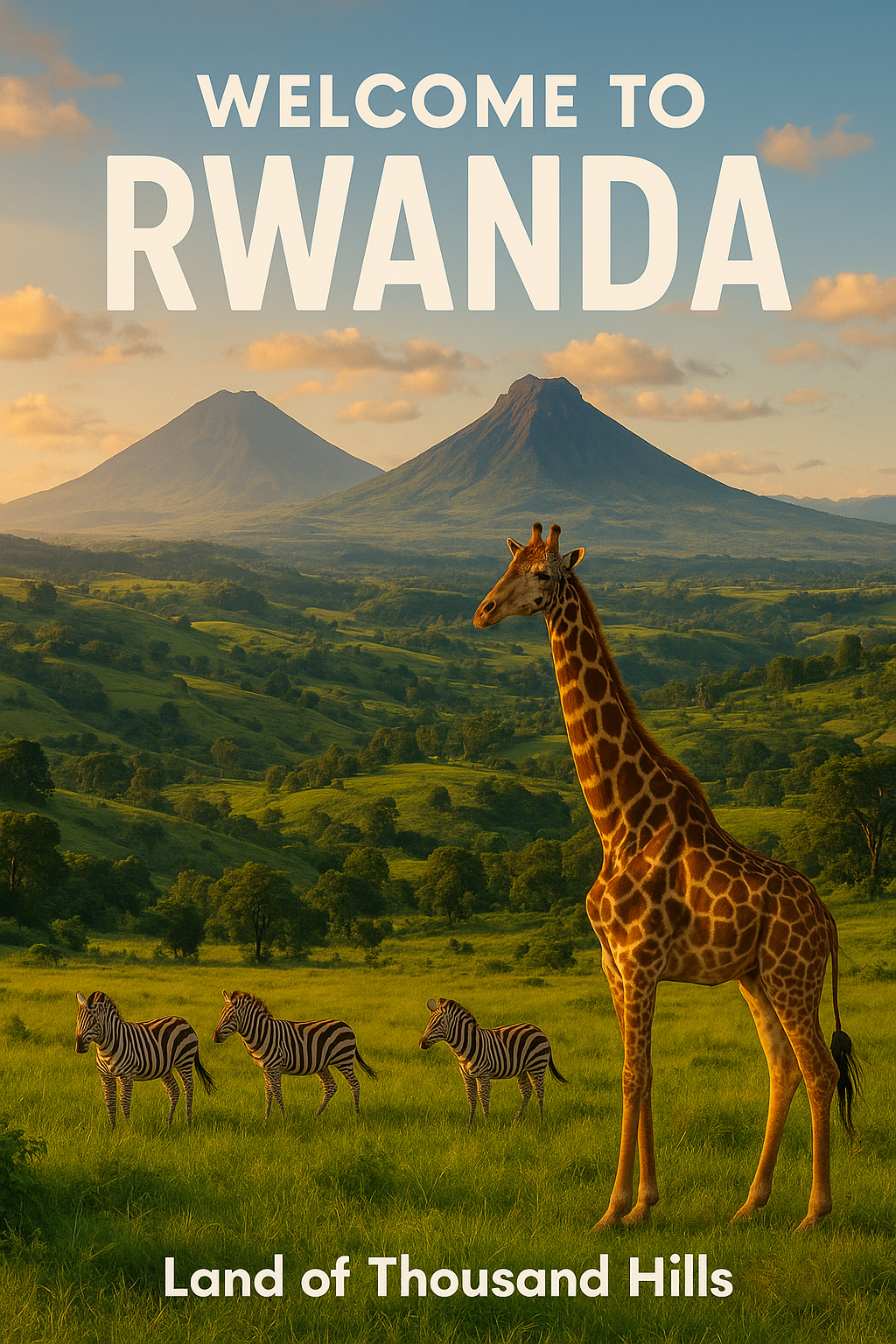 르완다(Rwanda)의 초원과 화산을 배경으로, 기린과 얼룩말 무리가 평화롭게 어우러진 풍경이 르완다(Rwanda)의 자연을 생생하게 보여줍니다.
