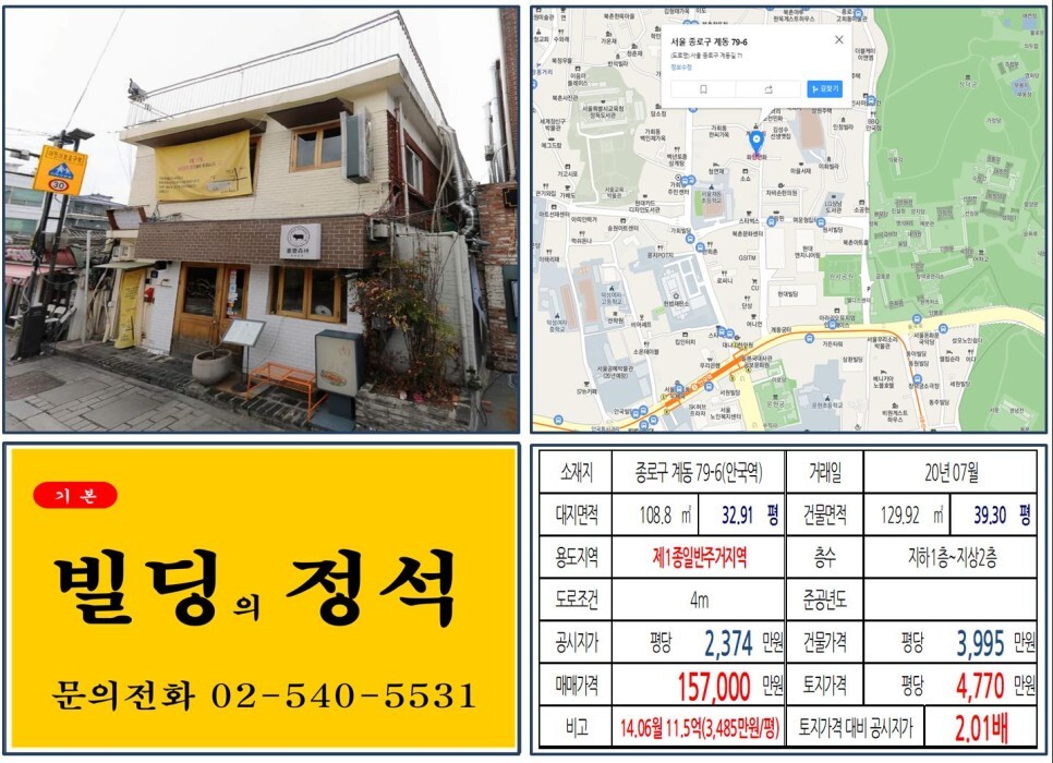  [종로구 북촌한옥마을 10억 꼬마빌딩 실거래가 조회] 계동 79-6 (안국역) 15.7억 원, 평당 4,770만 원 매매되었습니다. 삼청동, 북