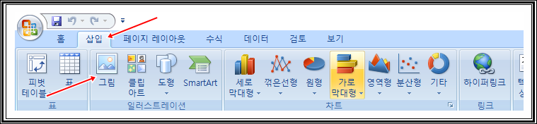 이 이미지는 엑셀의 삽입(Tab) 메뉴를 선택한 화면입니다. 삽입 메뉴에는 표, 그림, 도형, SmartArt, 차트 등의 다양한 옵션이 포함되어 있으며, 사용자가 데이터를 시각적으로 표현할 수 있도록 돕습니다. 이미지에서 강조된 부분은 '삽입' 탭과 '그림' 삽입 옵션입니다.
