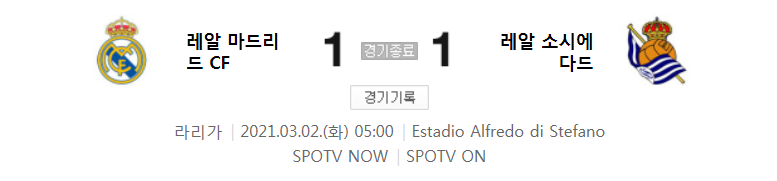  라리가 / 2021년 3월 2일 경기 - 레알 마드리드(1) VS 레알 소시에다드(1) 축구 하이라이트