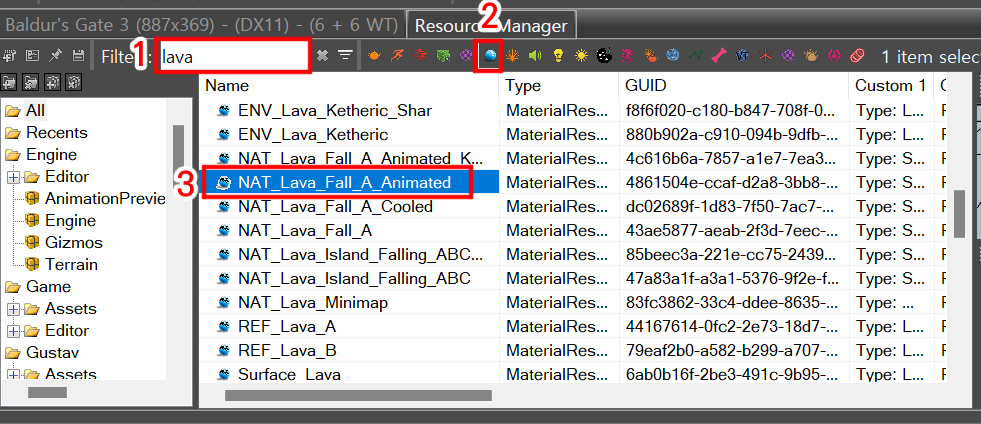 발더스 게이트 3 툴킷 Resource Manager 창에서 lava라는 이름이 붙은 Material 리소스를 검색하는 화면