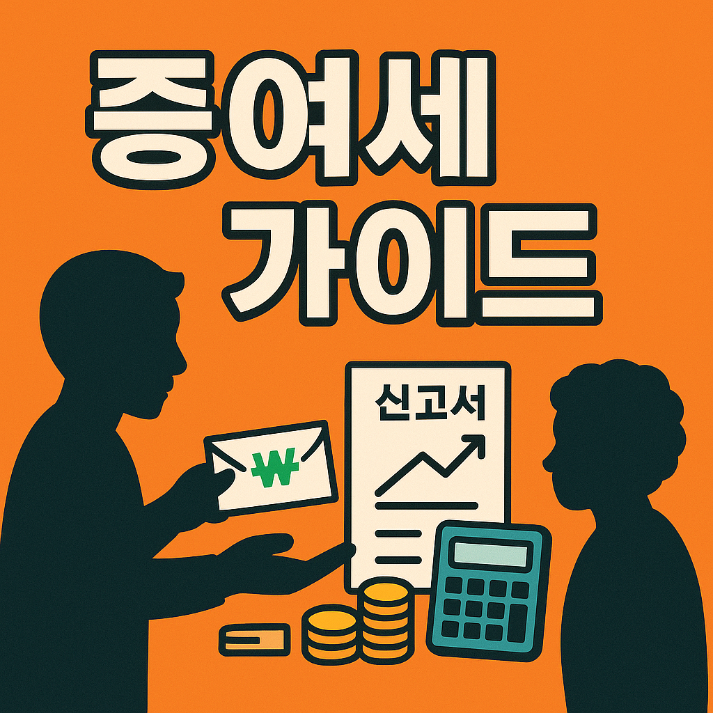 고대비 텍스트 ‘증여세 가이드’와 부모-자녀 용돈 봉투 교환 아이콘, 계산기 및 신고서 아이콘이 돋보이는 2D 일러스트 썸네일 이미지