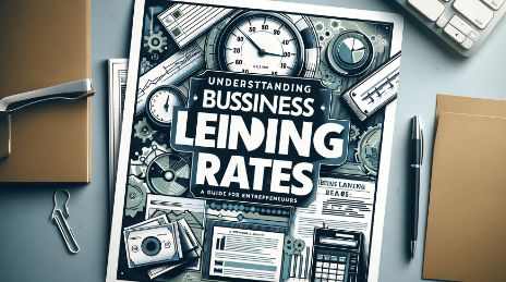 Here are two horizontal thumbnails designed for a finance blog. Each thumbnail visually encapsulates themes related to business lending rates and the intricacies of navigating interest rates and fees in business finance.