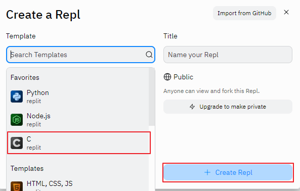 C언어로 체크한 후에 Create Repl 클릭한 장면