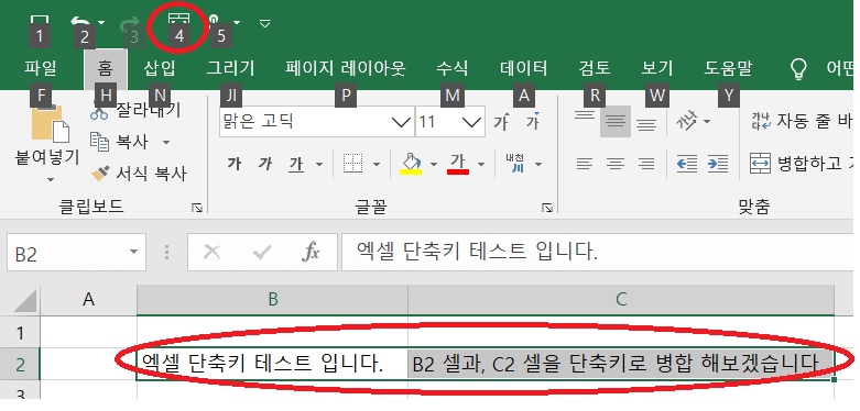 엑셀에서 단축키 설정한 결과 확인