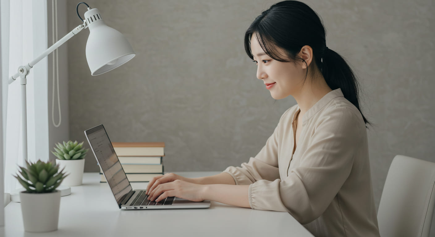 노트북으로 신청서를 작성하는 귀여운 한국인 여성