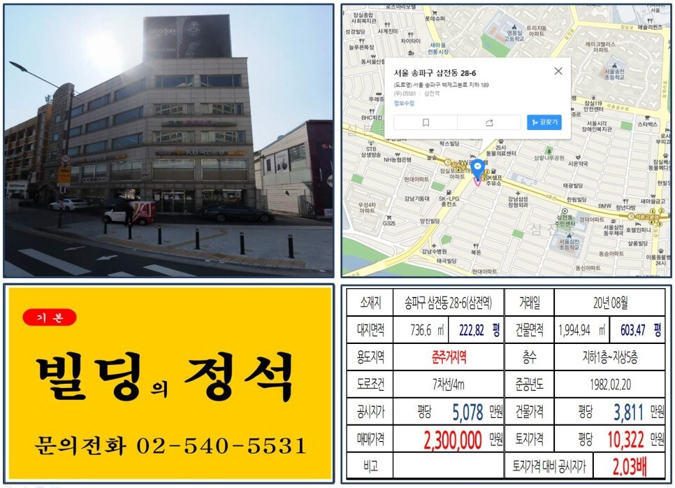 송파구 삼전동 28-6번지 건물이 2020년 08월 매매 되었습니다.