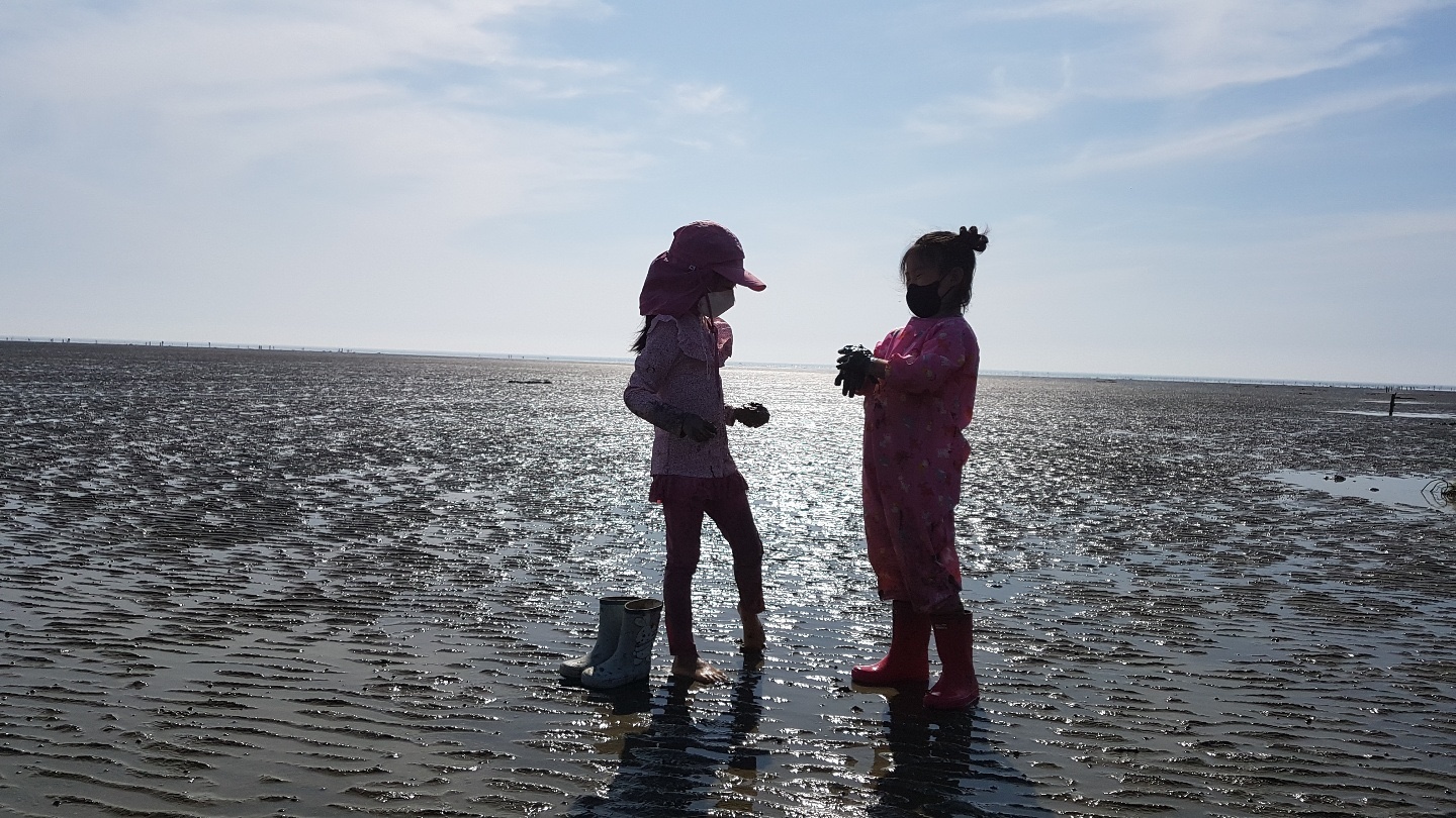 하나개 해수욕장 갯벌체험 중인 초등학생들(3)