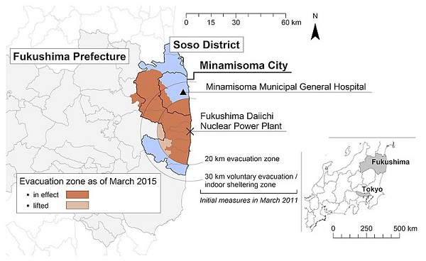 Map of Minamisoma Municipal General Hospital (MMGH) in relation to Fukushima Daiichi Nuclear Power Plant and evacuation zones
