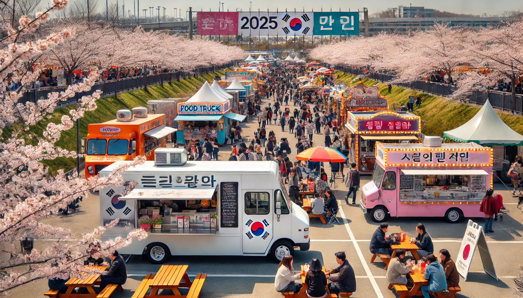 푸드트럭 중심 벚꽃축제 &ndash; 실외 테이블과 줄 선 사람들