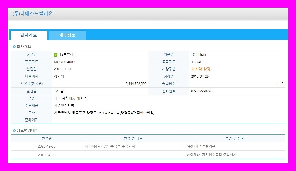 TS트릴리온 (317240) 주식 주가 거래소 공시 시세 최대주주 변경을 수반하는 주식 담보제공 계약 해제ㆍ취소 등