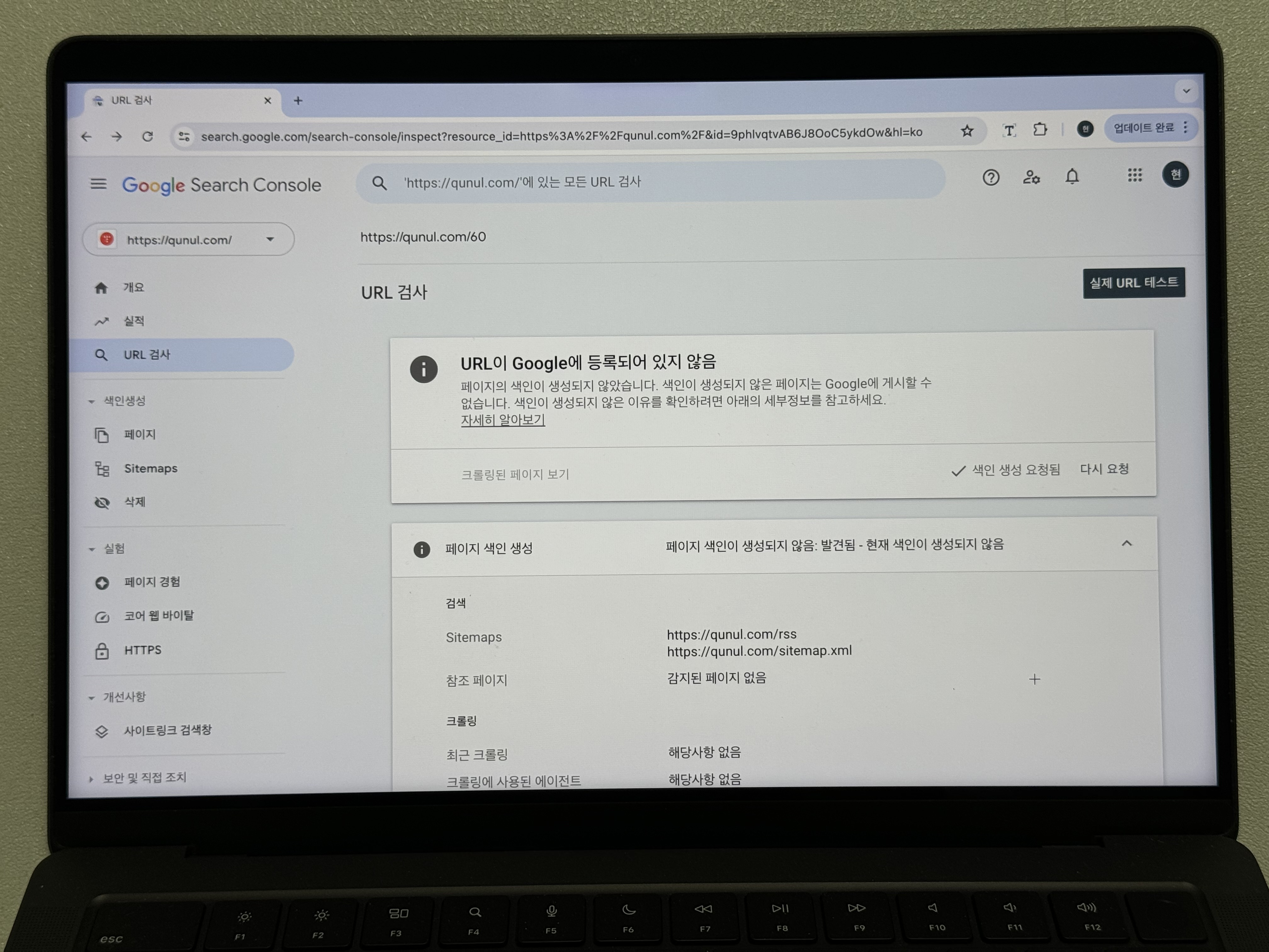 구글 서치콘솔 색인 생성 요청됨 강조 표시 화면 사진
