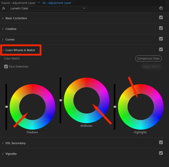 프리미어 프로의 lumetri color로 색 보정을 하는 모습