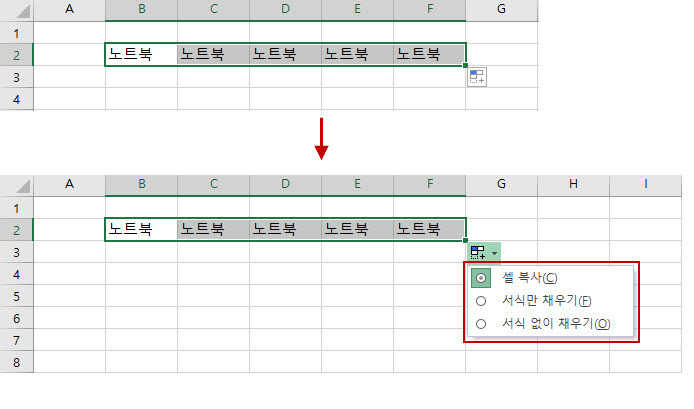 문자 데이터도 채우기 핸들을 이용해 문자를 복사할 수 있다.