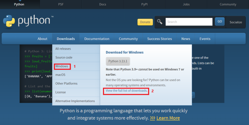 파이썬 홈페이지에서 Windows 용 파이썬 설치 방법에 대한 캡쳐 사진, Downloads-Windows-View the full list of downloads 순으로 클릭합니다.