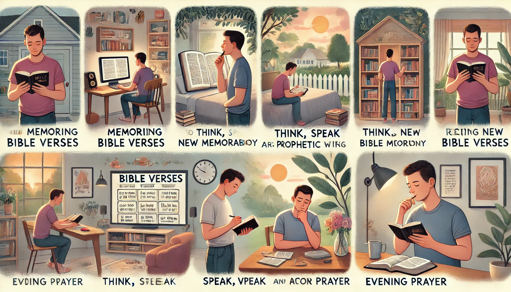 Here is the illustration showing a modern person living a day focused on memorizing and reviewing Bible verses to think&amp;#44; speak&amp;#44; and act according to prophetic words. The scenes include reflecting on memorized scriptures&amp;#44; studying new Bible verses&amp;#44; and integrating these teachings into daily life. Activities depicted are morning devotion with Bible reading&amp;#44; writing verses on cards for memorization&amp;#44; reciting verses during the day&amp;#44; and evening prayer while contemplating the learned scriptures. The settings blend personal spaces for reflection&amp;#44; peaceful outdoor areas&amp;#44; and a quiet room for prayer&amp;#44; highlighting a day dedicated to spiritual growth and biblical reflection.