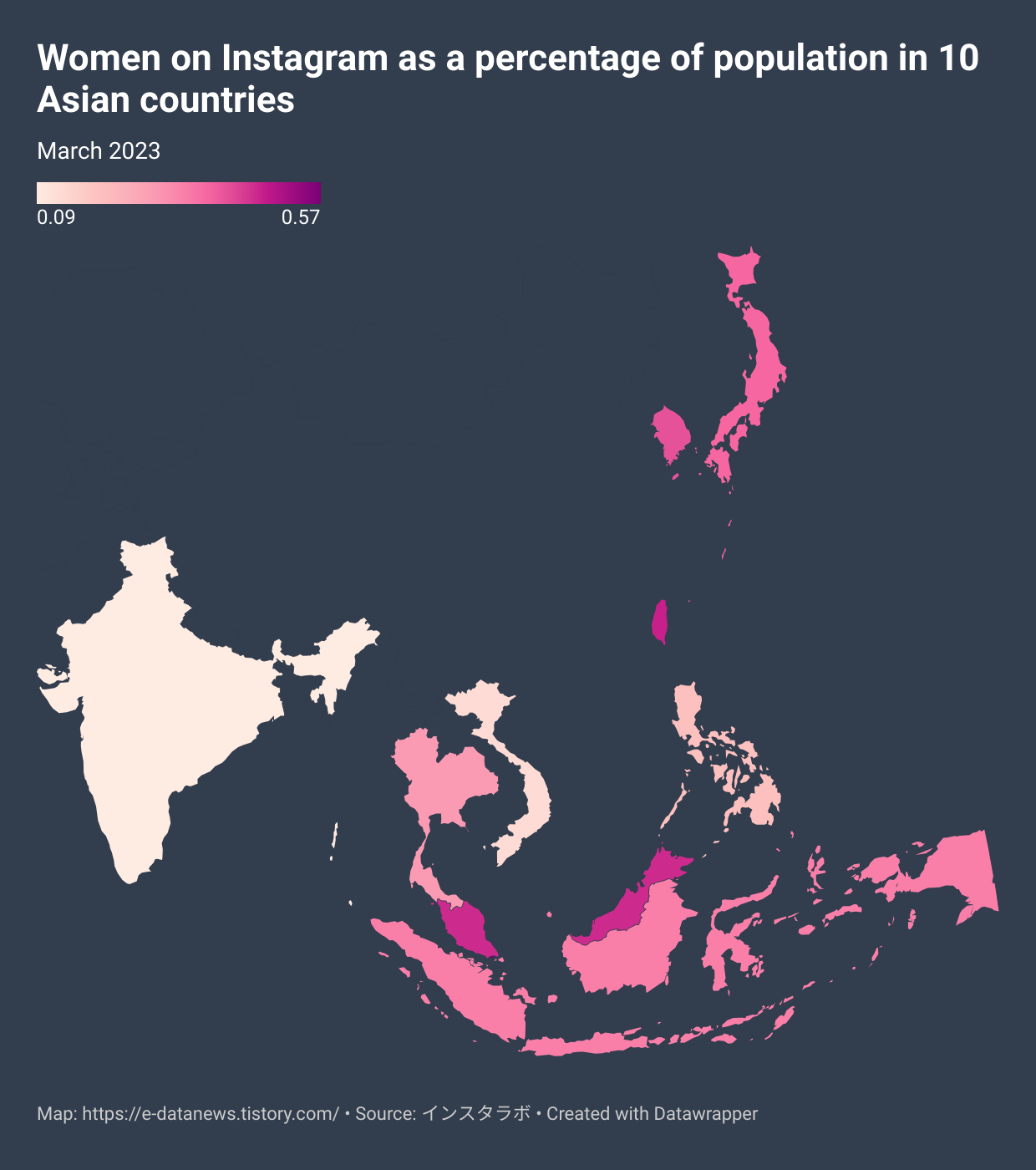Women on Instagram as a percentage of population in 10 Asian countries(March&#44; 2023)