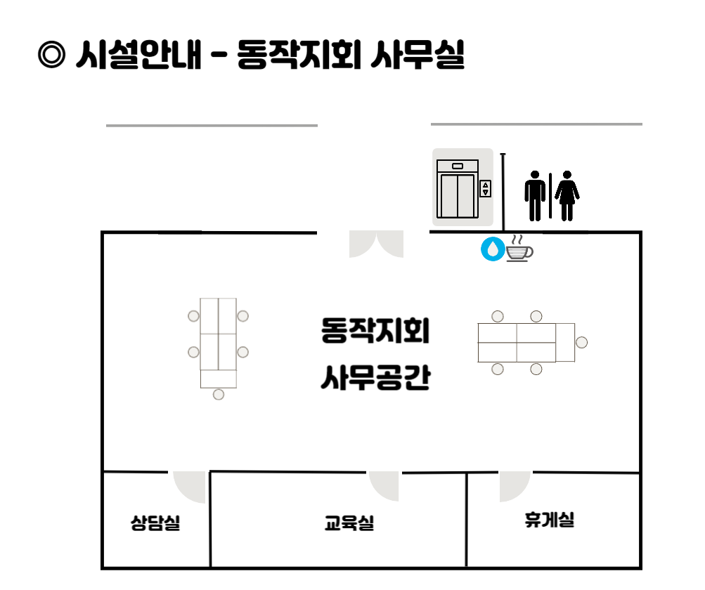 이미지설명: 시설안내-동작지회 사무실.
동작지회 사무공간과 상담실&#44; 교육실&#44; 휴게실의 위치가 도면에 그려져있다.