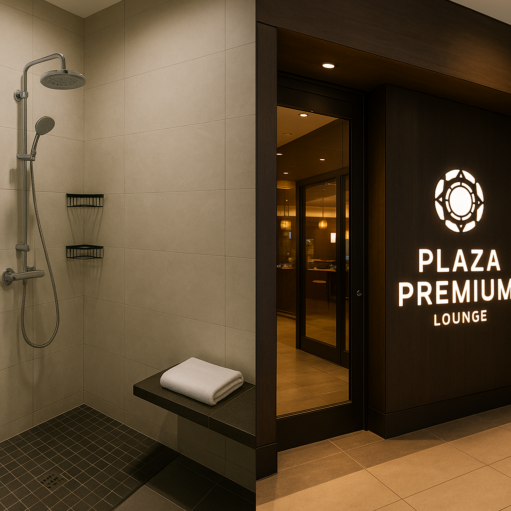 밴쿠버 국제공항 Plaza Premium Lounge 샤워실 내부 &amp; 라운지 입구 사진