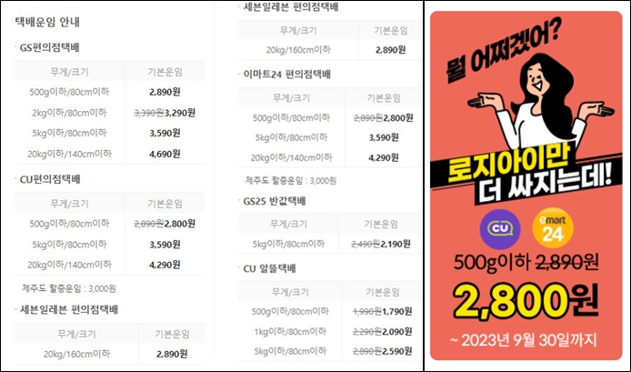 편의점택배 가격표