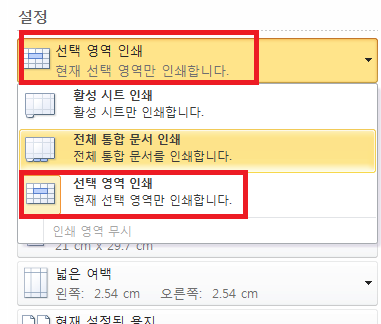 선택 영역 인쇄 선택하기