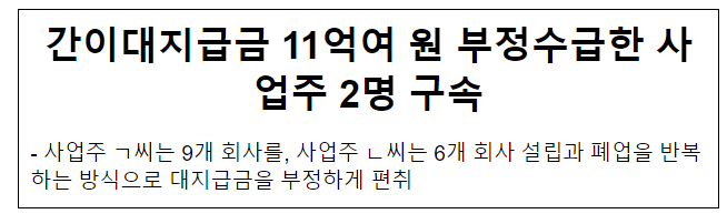  간이대지급금 11억여 원 부정수급한 사업주 2명 구속