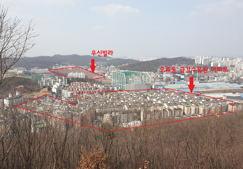  천왕산에서 바라본 우신빌라와 일대 아파트