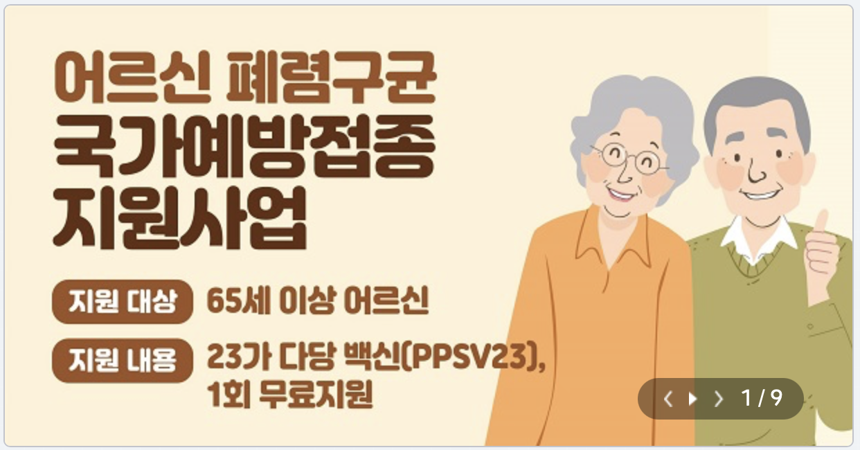 질병관리청 예방접종 도우미 사이트에 올라온 어르신 폐렴구균 국가예방접종 지원 사업 안내 포스터