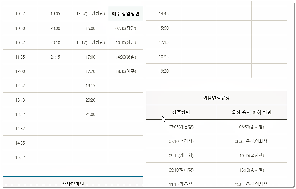 상주 시내버스 정류장별 시간표 2