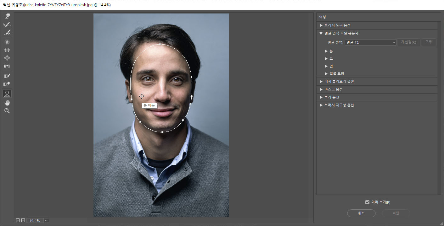 얼굴 요소를 이동