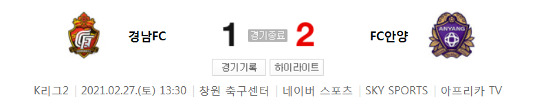  K리그2 / 국내축구 - 경남 VS 안양 (1 - 2) 2021시즌 1라운드 하이라이트 (2021년 2월 27일)