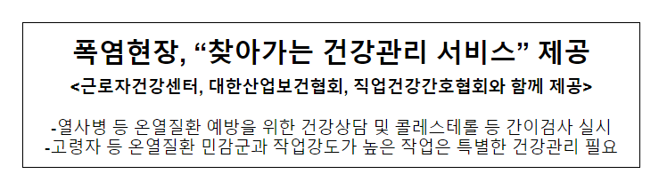  폭염현장, “찾아가는 건강관리 서비스” 제공